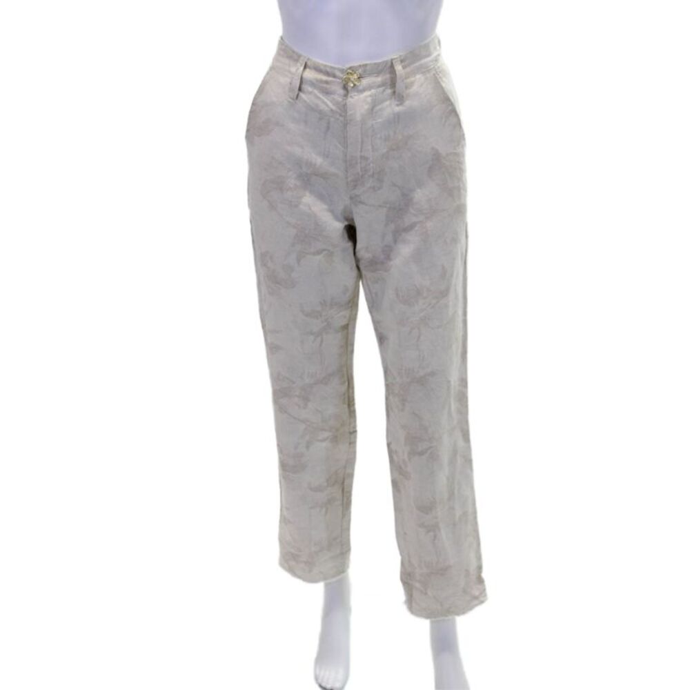 Maurizio Womens Cotton Floral Mid-Rise Cuffed Straight Trousers Beige Size 40